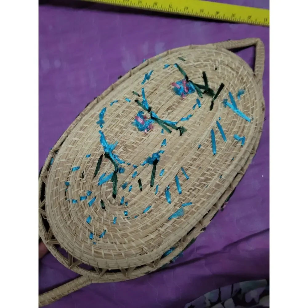 Vintage Woven Straw Oval Basket Tray w/Floral Embroidery & Handles Jamaica